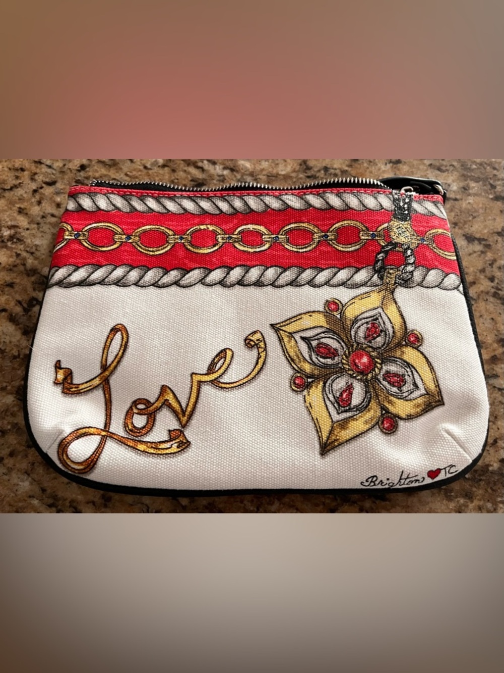 Brighton White Red Gold 'Love' Printed Grab and Go Crossbody Pouch